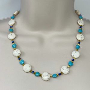Handmade Necklace White, Turquoise Magnesite & Blue Freshwater Pearls Gold Tone